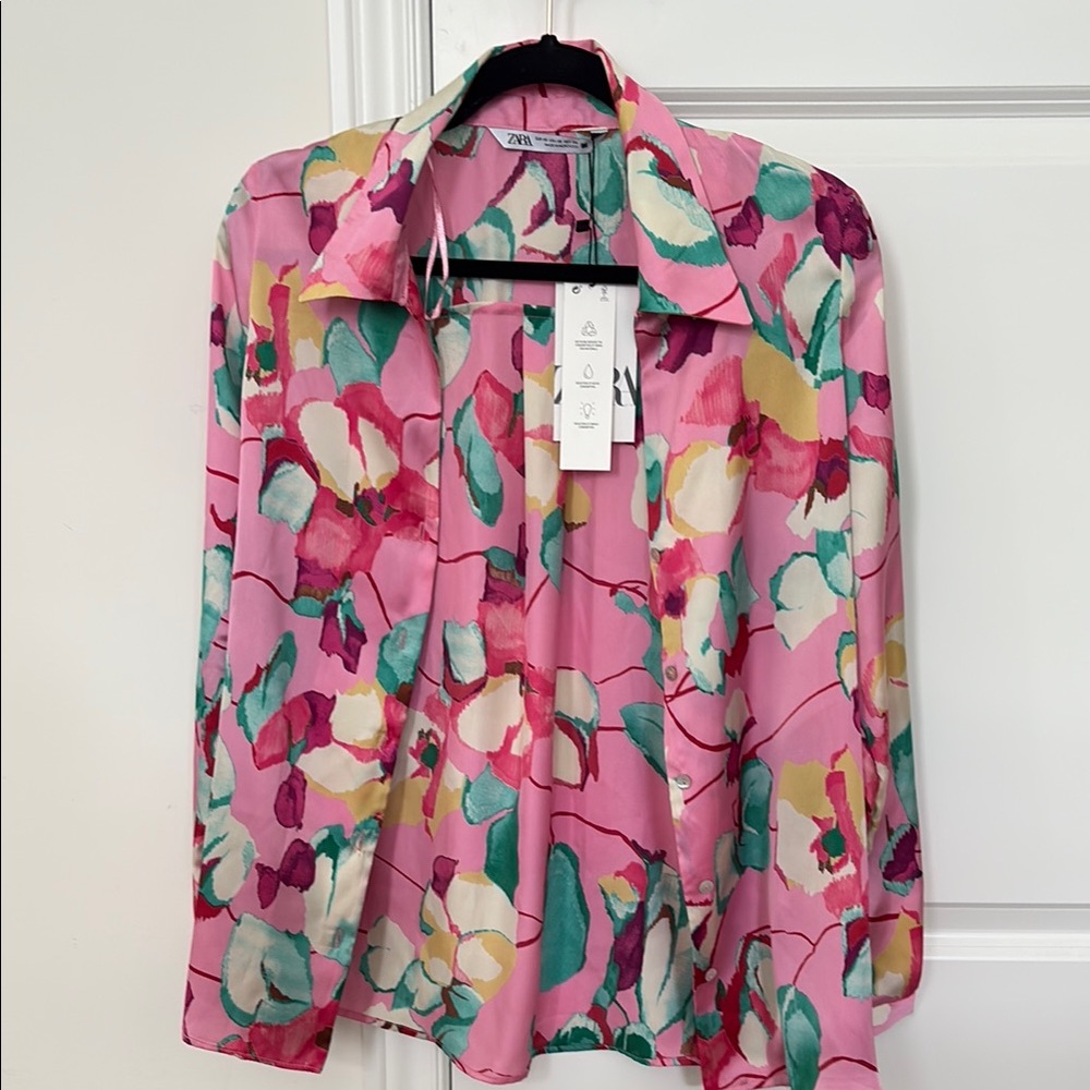 Zara Pink Long Sleeve Graphic Button Down Shirt